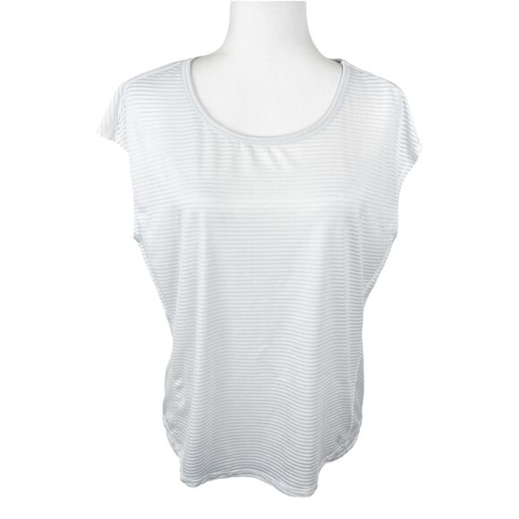 Shambhala Shirt Women Medium White Striped Cap Sleeve Relaxed Active Tee - Picture 1 of 16